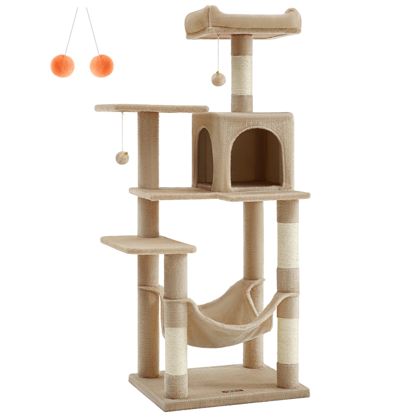 Arbre à chat 143 cm d'intérieur, maison en peluche à plusieurs niveaux avec 4 griffoirs, 2 perchoirs et une grotte