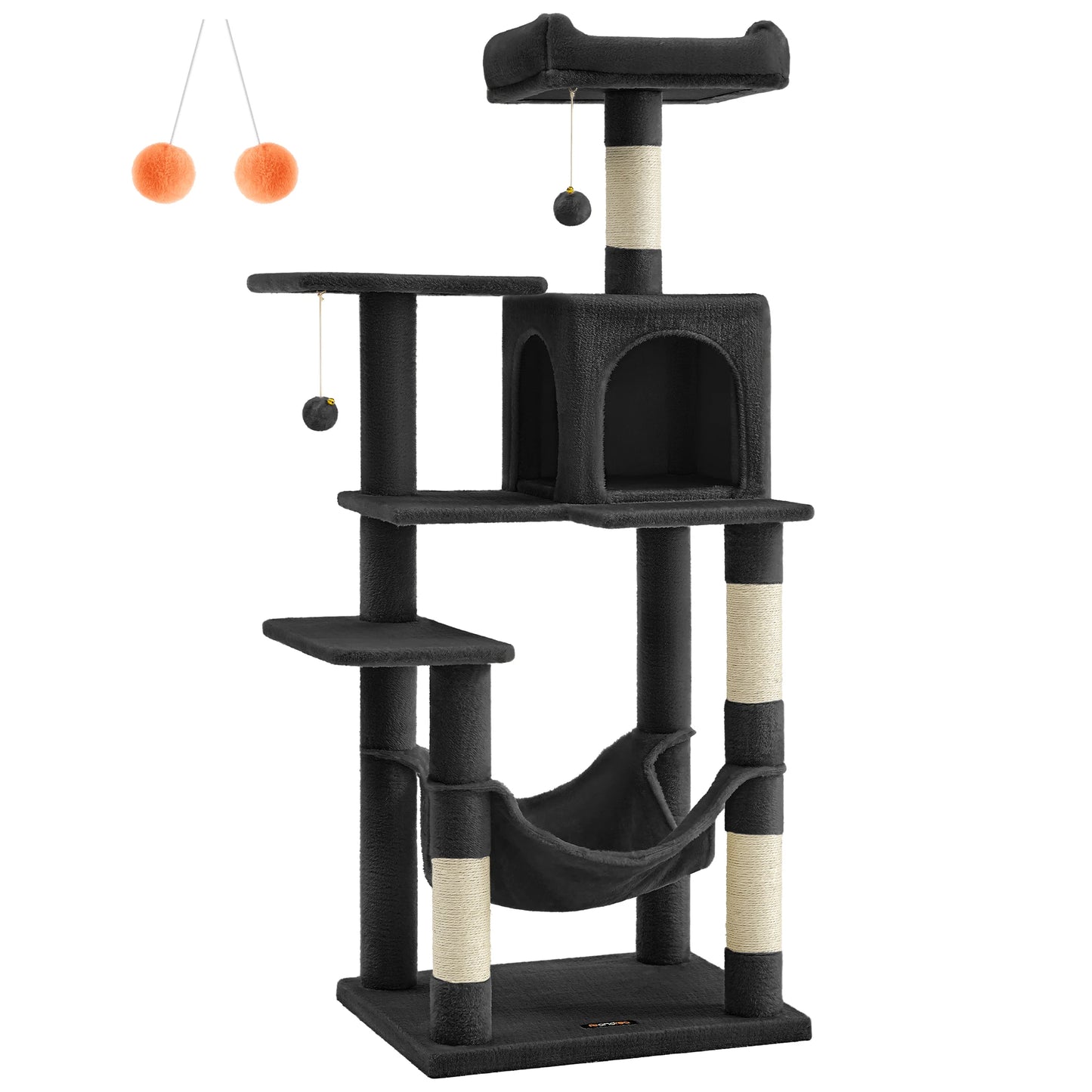 Arbre à chat 143 cm d'intérieur, maison en peluche à plusieurs niveaux avec 4 griffoirs, 2 perchoirs et une grotte