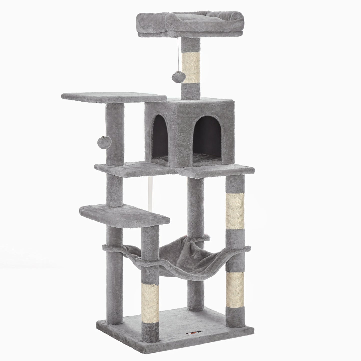 Arbre à chat 143 cm d'intérieur, maison en peluche à plusieurs niveaux avec 4 griffoirs, 2 perchoirs et une grotte