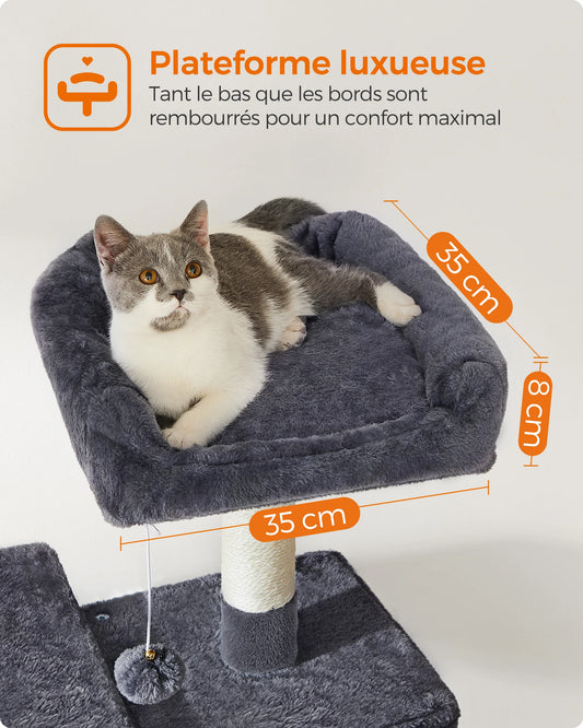 Arbre à chat 143 cm d'intérieur, maison en peluche à plusieurs niveaux avec 4 griffoirs, 2 perchoirs et une grotte