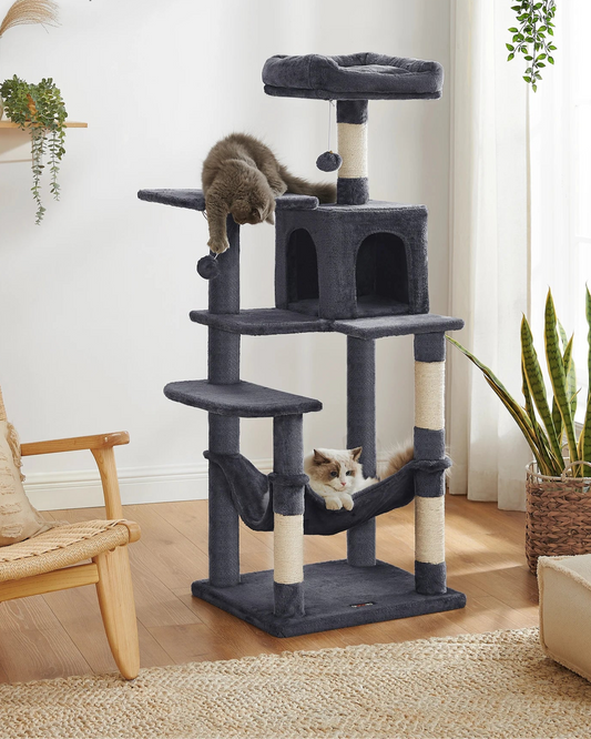 Arbre à chat 143 cm d'intérieur, maison en peluche à plusieurs niveaux avec 4 griffoirs, 2 perchoirs et une grotte