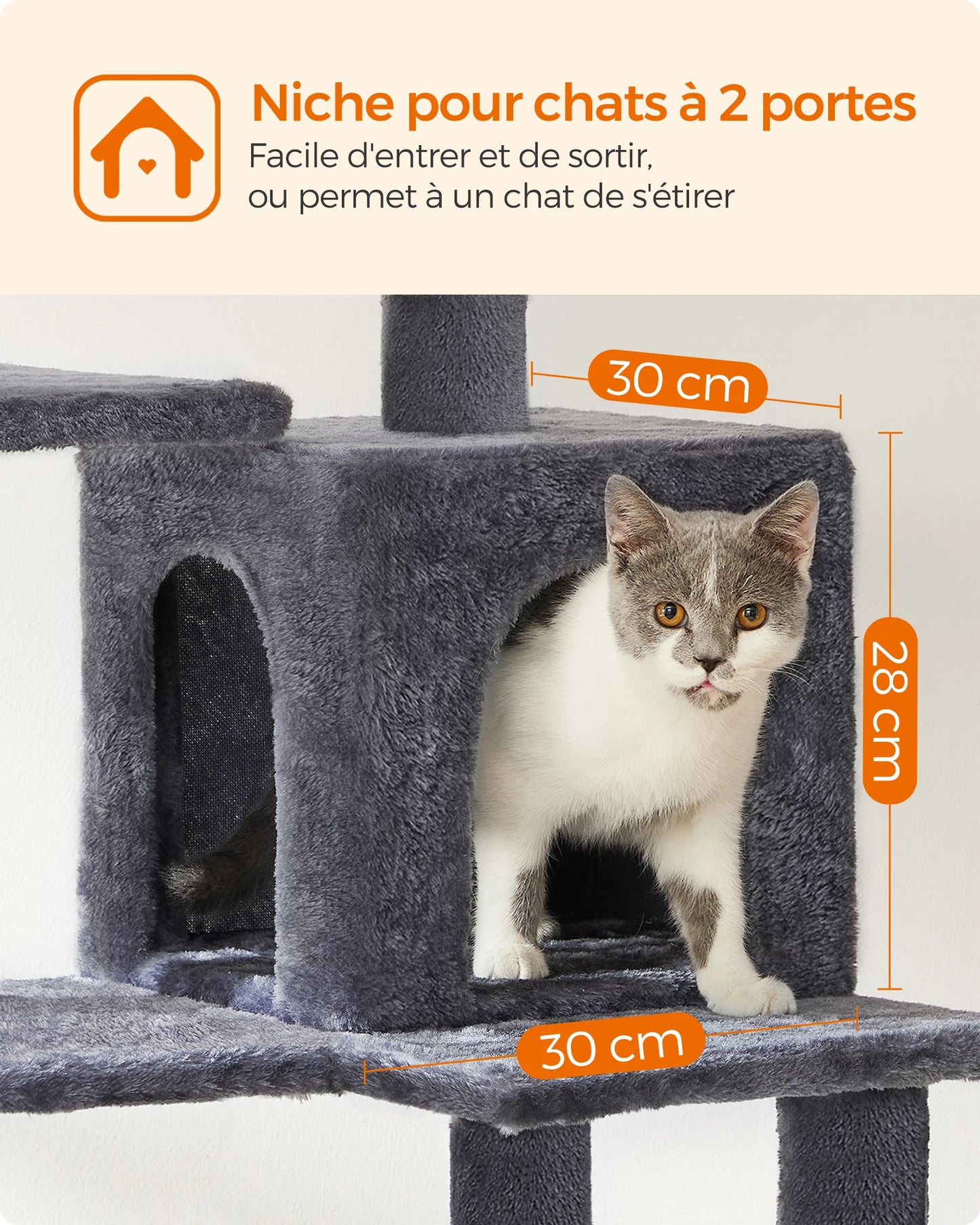 Arbre à chat 143 cm d'intérieur, maison en peluche à plusieurs niveaux avec 4 griffoirs, 2 perchoirs et une grotte