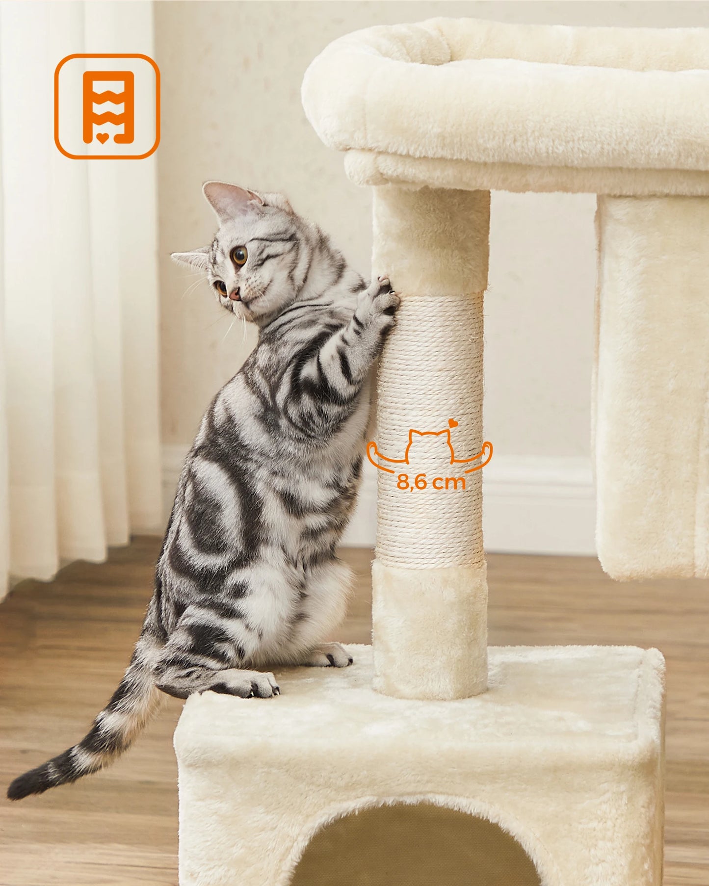 Arbre à chat 84 cm, niche pour grands chats jusqu'à 7 kg, perchoir, 2 niches pour chats, griffoir