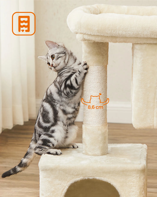 Arbre à chat 84 cm, niche pour grands chats jusqu'à 7 kg, perchoir, 2 niches pour chats, griffoir