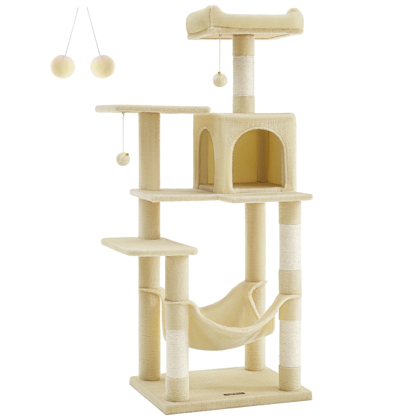 Arbre à chat 143 cm d'intérieur, maison en peluche à plusieurs niveaux avec 4 griffoirs, 2 perchoirs et une grotte