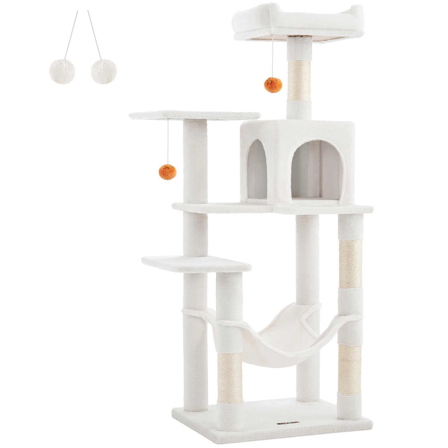 Arbre à chat 143 cm d'intérieur, maison en peluche à plusieurs niveaux avec 4 griffoirs, 2 perchoirs et une grotte