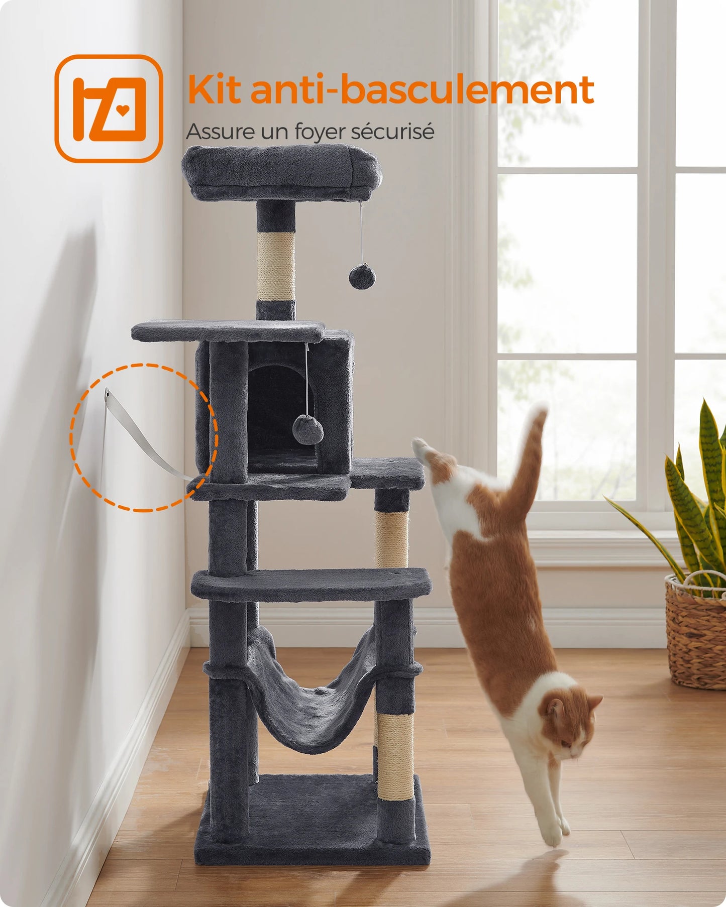 Arbre à chat 143 cm d'intérieur, maison en peluche à plusieurs niveaux avec 4 griffoirs, 2 perchoirs et une grotte