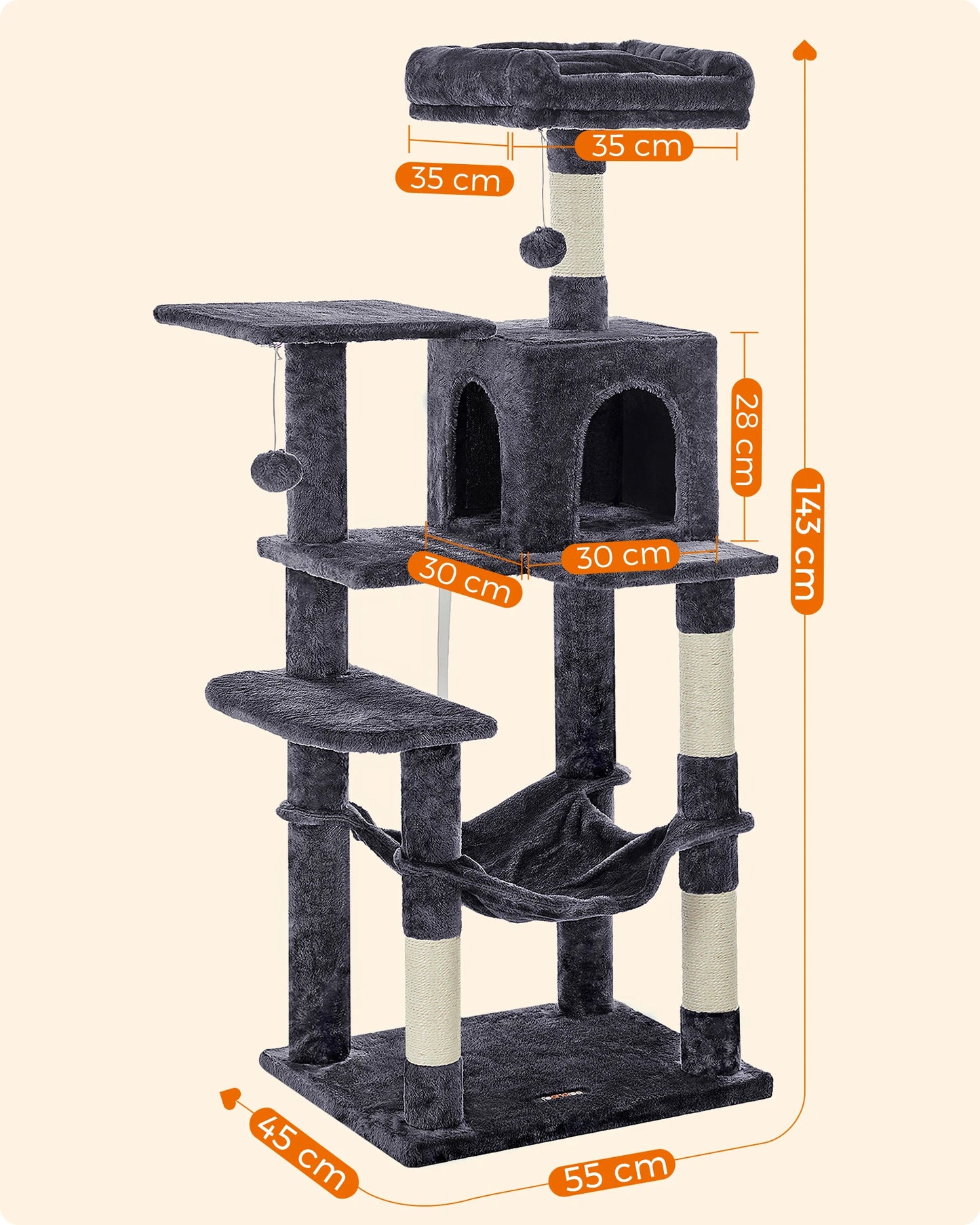 Arbre à chat 143 cm d'intérieur, maison en peluche à plusieurs niveaux avec 4 griffoirs, 2 perchoirs et une grotte
