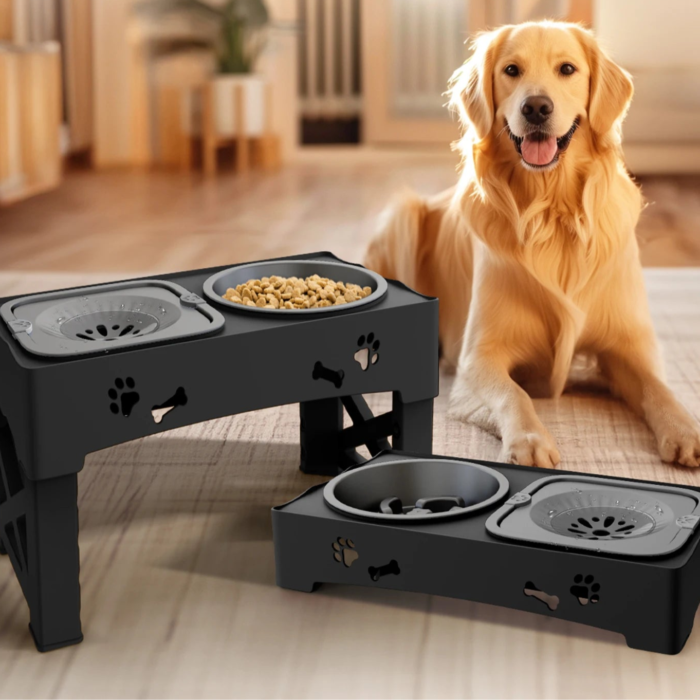 Gamelle 3 en 1 pour animaux – Double bol pliable avec hauteur réglable