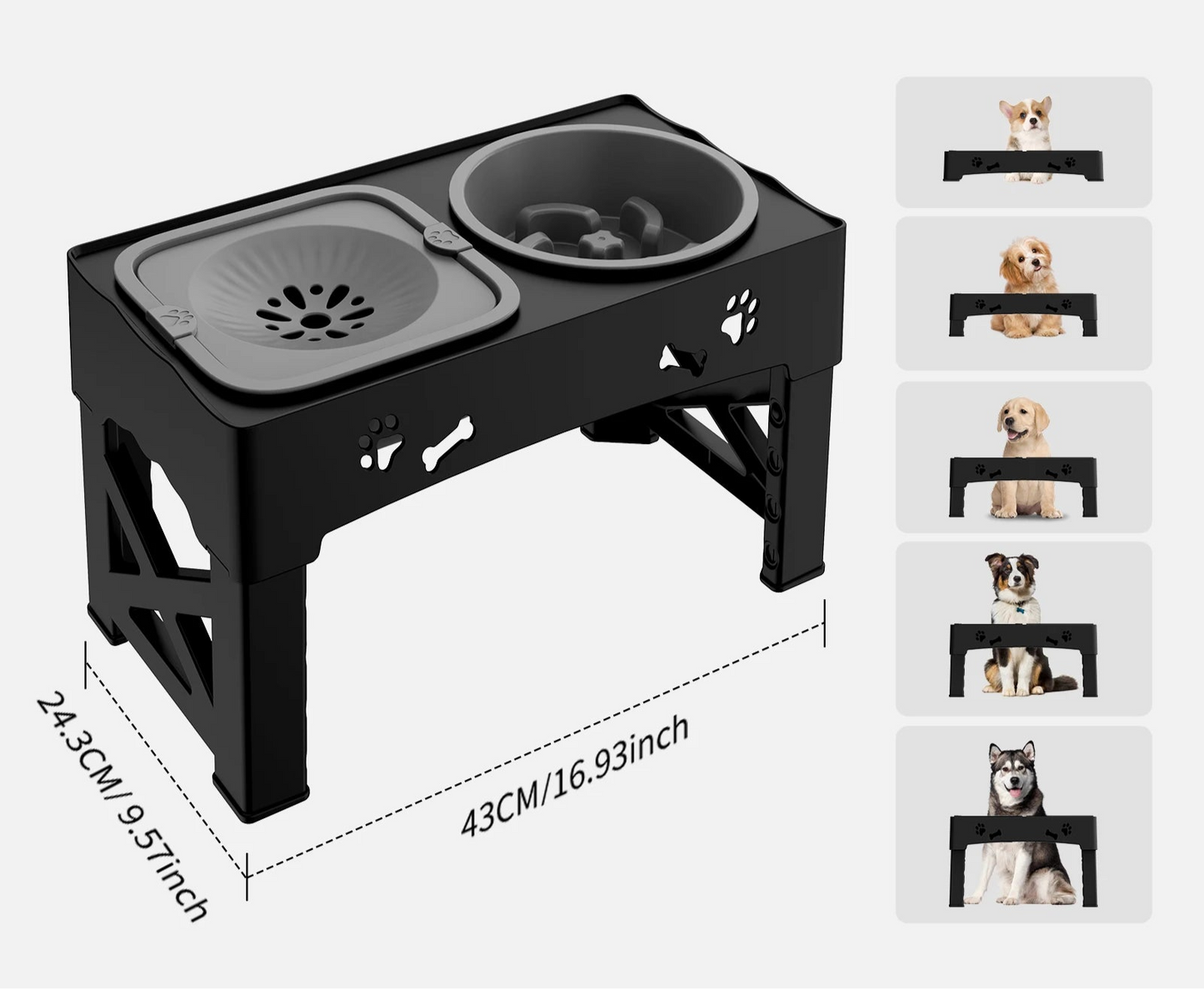 Gamelle 3 en 1 pour animaux – Double bol pliable avec hauteur réglable